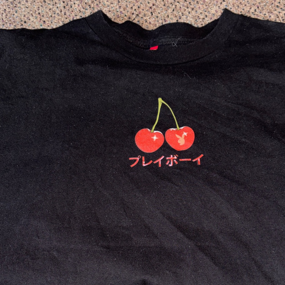 PLAYBOY Black Tee with Red Cherry Graphic